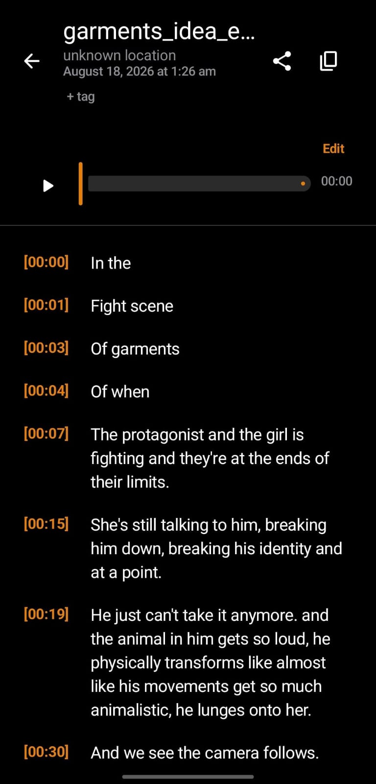 A recorded film idea with playback and a timestamped transcript.