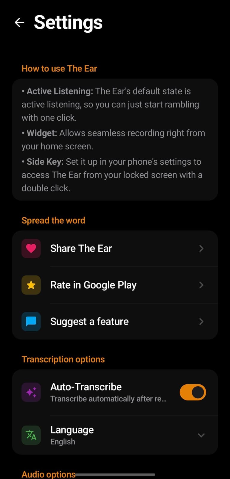 The Ear settings with auto-transcription and language options.