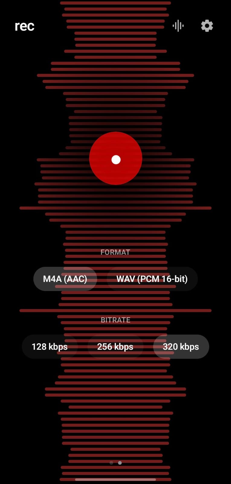 Recording controls with M4A and WAV formats and selectable bitrates.